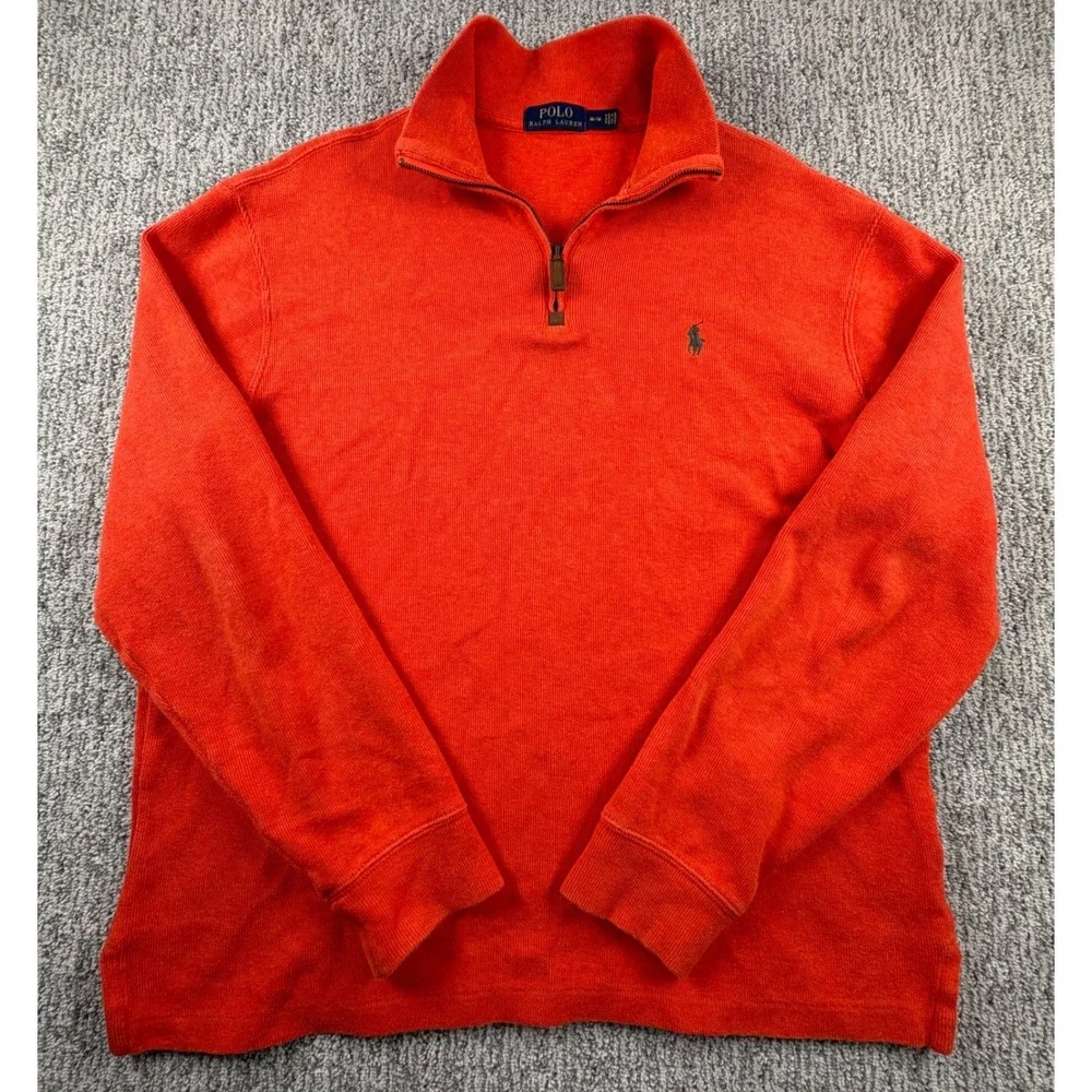 Polo Ralph Lauren Pullover Mens M Orange 1/4 Zip Cotton Pony Logo Sweater